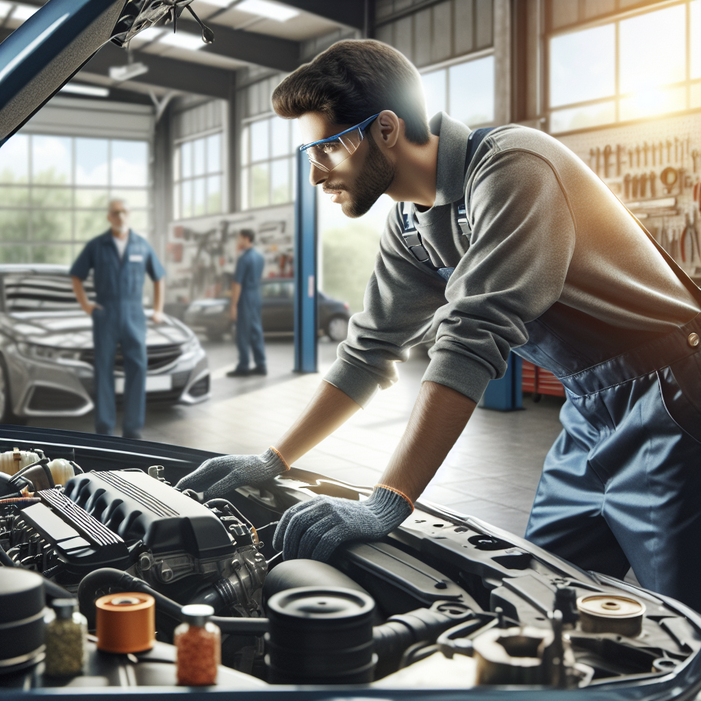Realistic stock image of mechanic inspecting car engine.