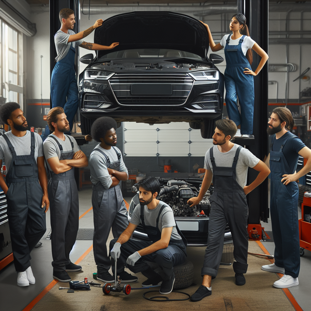 Realistic stock image of mechanics working on car.